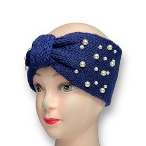 Women Crochet Knitted Turban Headband Pearl Bead Hairband Ear Warmer - Navy